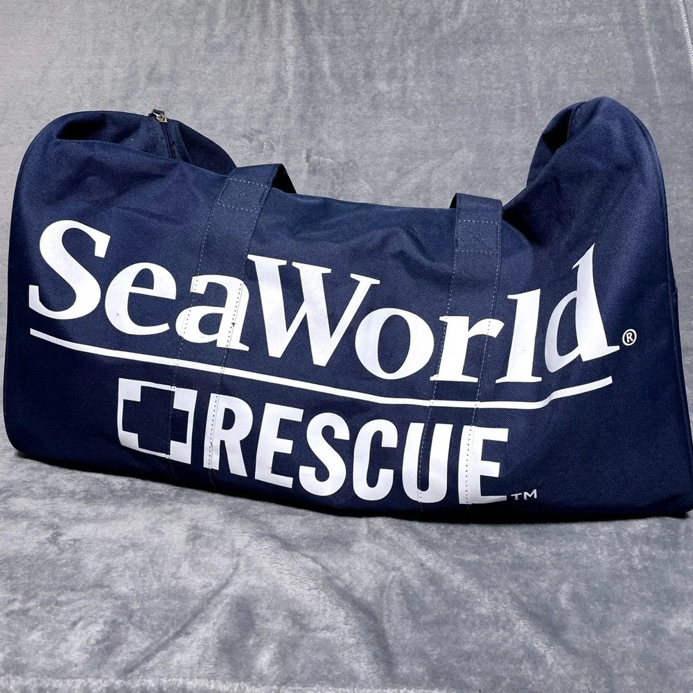 SeaWorld Rescue Duffle Bag Navy Blue Canvas Travel Gym Bag NWT Nautical Coastal